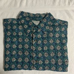 Roundtree & Yorke Hawaiian Shirt Men's Size L‎ Green/Blue/White 100% Rayón